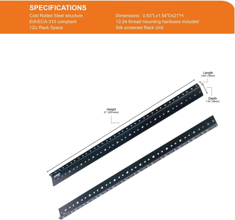 Tecmojo 12U Vertical Server Rack Rail Pair Kit DIY Rack Rails Kit, 12-24 Screws Included to Mount Equipment, Black - Image 2